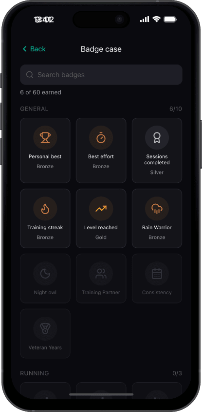 Badge case with earned achievements